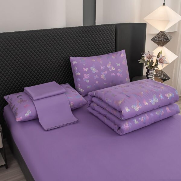 5-Piece Butterfly Comforter Set - Queen Size, Purple, Girls' Bedroom Comforter Set - Image 5