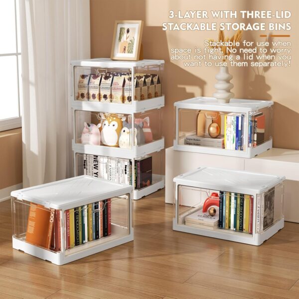 Clear Storage Bin with Lid 3 Pack 【Stackable & Sturdy】Plastic Multifunctional Folding Storage Bins for Bedroom, Living Room, Study, Toy Room, 23 QT Folding Box with Magnetic door - Image 4