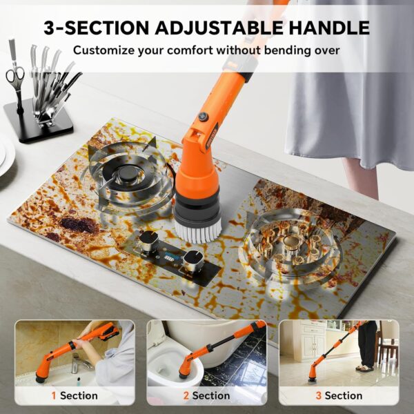 2 Battery Electric Spin Scrubber, 1000RPM Cordless Cleaning Brush Waterproof with 20V Power Supplied, Adjustable Extension Handle, 4 Replaceable Cleaning Heads, Hook, Gloves - for Tub/Tile/Wall/Floor - Image 7