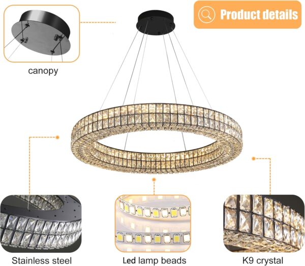 Modern Led Ring Chandeliers Dimmable Crystal Chandelier for Living Room Dining Room Ring Pendant Light Adjustable 24 inch Black - Image 7