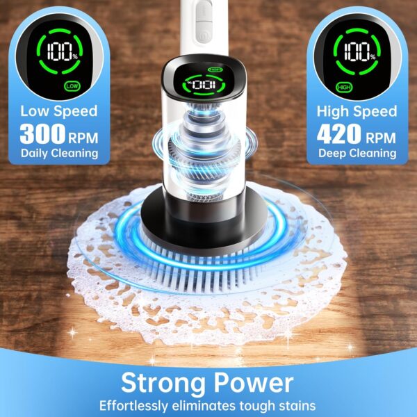 Electric Spin Scrubber, IPX7 Waterproof Cordless Power Shower Scrubber with Extension Handle, 7 Replaceable Brush Head&3 Bristle Crevice Brushes, 2 Speeds Power Scrubber for Bathroom, Kitchen Cleaning - Image 3
