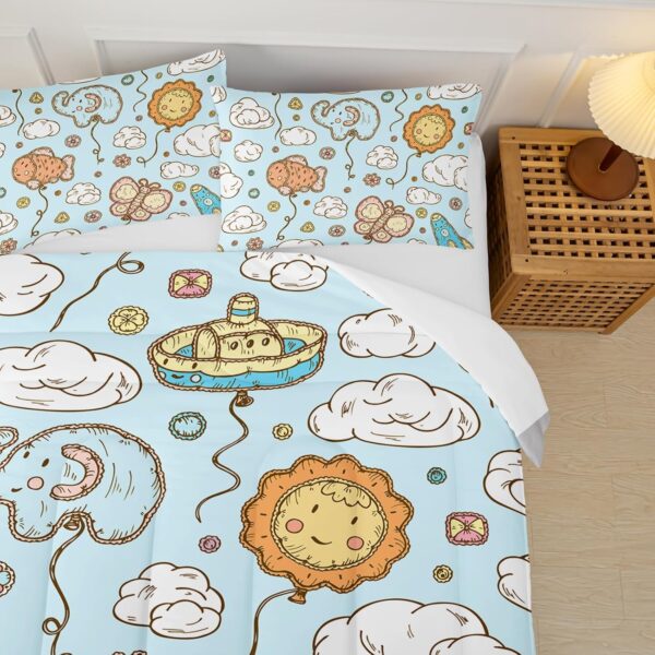 Blue Butterfly Cartoon Pattern Comforter Set Twin for Girls，Sun Clouds Floral Twin Bedding Set，Kawaii Quilt Set，Kids Bedroom Decor Girl/Boy Shared Room Comforter Set - Image 3