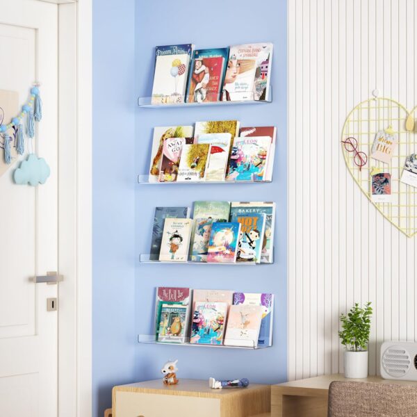 upsimples 4 Pack Acrylic Shelves for Wall Storage, 15" Floating Bookshelves for Kids, Display Shelf Organizer for Bathroom, Bedroom, Living Room, Kitchen, Room Decor, Clear - Image 6