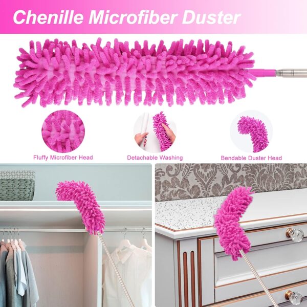 15PCS Microfiber Feather Duster Set Bendable & Washable with 100-inch Extension Pole Dusters for Cleaning High Ceiling Fan, Blinds, Cars, Furniture, Cleaning Tools Kit for Women - Image 4
