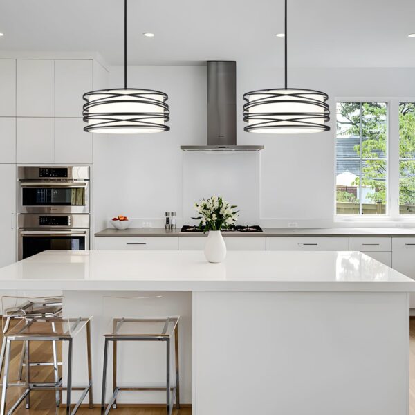 16" Black Drum Pendant Lighting Kitchen Island 3-Light Modern Farmhouse Chandelier with White Fabric Shade Rustic Hanging Light Fixtures for Dining Room Hallway Bedroom Foyer - Image 4