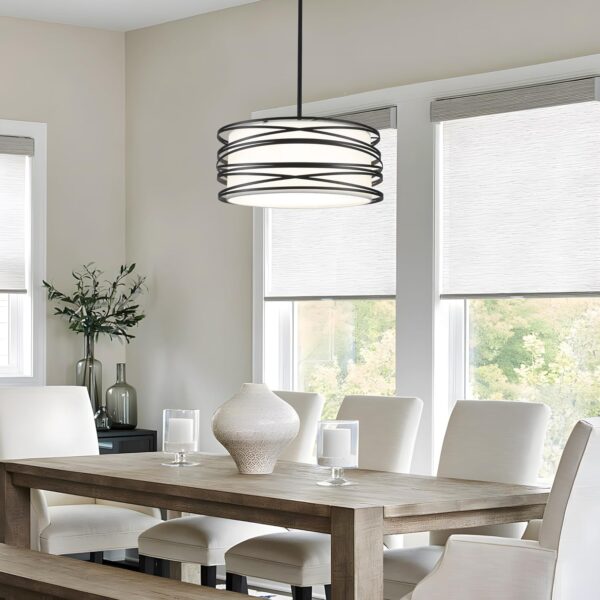 16" Black Drum Pendant Lighting Kitchen Island 3-Light Modern Farmhouse Chandelier with White Fabric Shade Rustic Hanging Light Fixtures for Dining Room Hallway Bedroom Foyer - Image 2