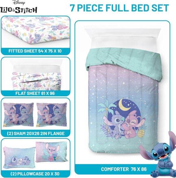 Disney Lilo and Stitch Full Size Comforter Set - 7 Piece Floral Bedding Includes Sheet Set & Pillow Covers Features Angel - Super Soft Purple & Teal Stars Kids Bedding - Image 3