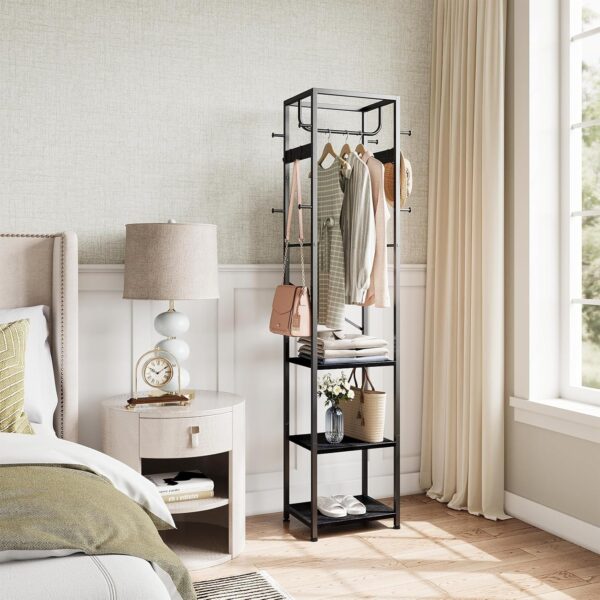 ELYKEN Coat Rack Freestanding, Hall Tree with 3 Storage Shelves and 12 Hooks, Metal Clothes Rack Stand Organizer for Bedroom, Hallway, Entryway, Office, Living Room, Black - Image 4