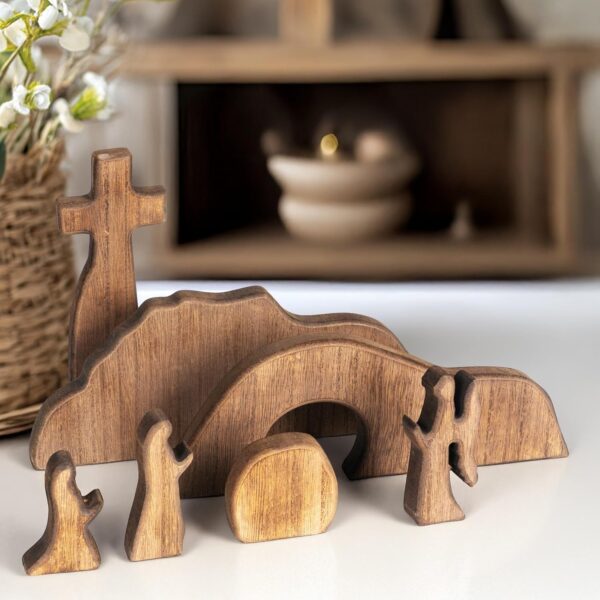 NEROSUN Empty Tomb Easter Scene and Cross Decoration, Wooden Easter Resurrection Scene Cross Jesus Tomb Tray Set, Jesus Nativity Scene Decor for Religious Home Office Tabletop - Image 6