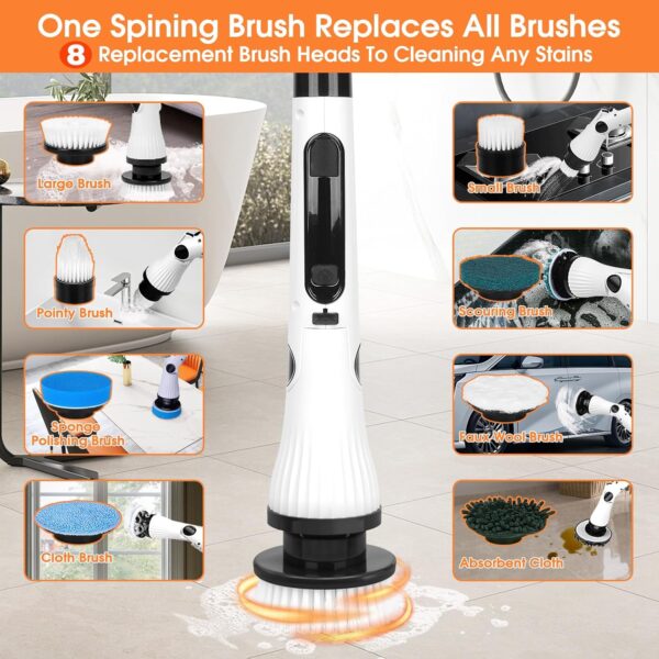 Electric Spin Scrubber, Cordless Cleaning Brush, 54" Extendable Handle Shower Cleaner Brush - 6 Adjustable Angles, 8 Brush Heads & 2 Speeds, Shower Scrubber for Bathroom Bathtub Tile Floor - Image 4