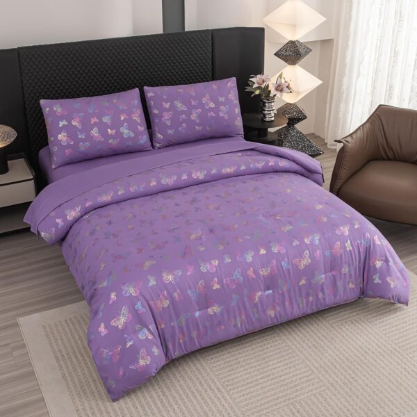 5-Piece Butterfly Comforter Set - Queen Size, Purple, Girls' Bedroom Comforter Set - Image 3