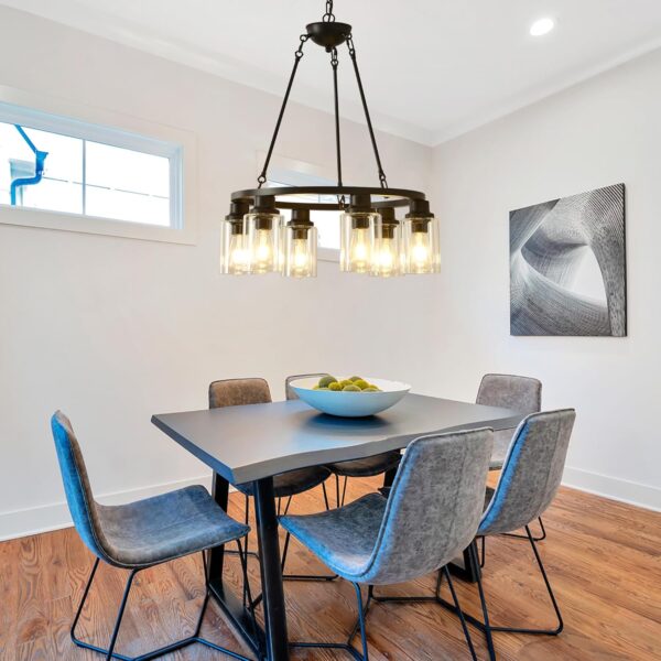 24“ Black Wagon Wheel Chandelier, 6-Light Farmhouse Glass Pendant Lights Kitchen Island Round Hanging Lighting fixtures Ceiling for Living Room, Dining Room, Kitchen Island, Entryway, Foyer - Image 4