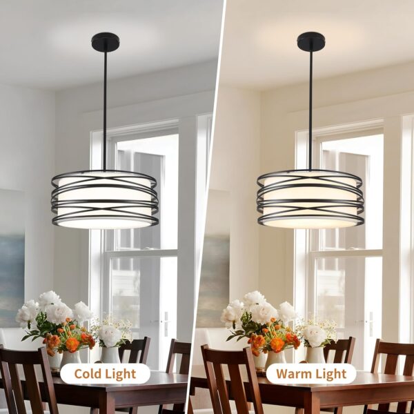 16" Black Drum Pendant Lighting Kitchen Island 3-Light Modern Farmhouse Chandelier with White Fabric Shade Rustic Hanging Light Fixtures for Dining Room Hallway Bedroom Foyer - Image 3