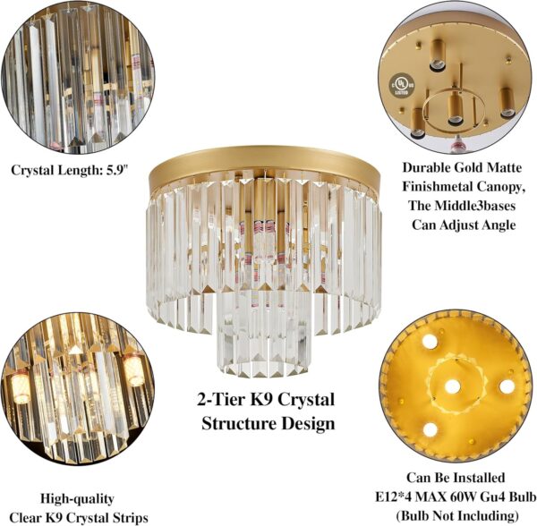 12.6" Gold Crystal Ceiling Light 4-Light Modern Crystal Ceiling Light Fixture 2-Tier Luxury K9 Crystal Ceiling Light,for Dining Room Kitchen Island Living Room Bedroom - Image 7