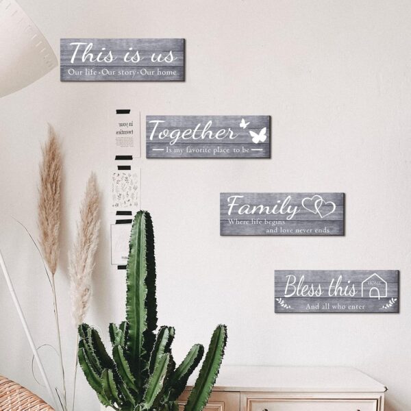 Joyhawk 4 Pieces Wall Decor Signs, THIS IS US, TOGETHER, BLESS THIS HOME, FAMILY Rustic Wooden Farmhouse Wall Art Décor For Living Room Bedroom Kitchen, , 4.7 x 13.8 Inch(Grey) - Image 3