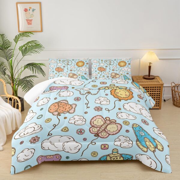 Blue Butterfly Cartoon Pattern Comforter Set Twin for Girls，Sun Clouds Floral Twin Bedding Set，Kawaii Quilt Set，Kids Bedroom Decor Girl/Boy Shared Room Comforter Set