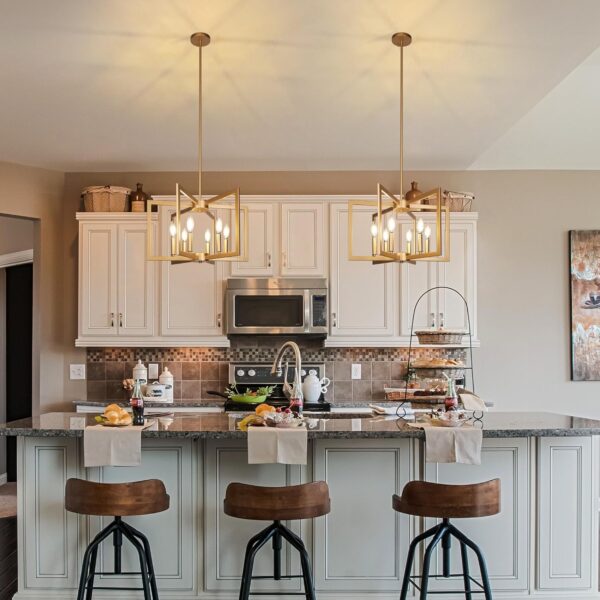 6-Light Gold Pendant Light, Modern Farmhouse Dining Room Light Fixtures Over Table, Industrial Metal Geometric Kitchen Chandelier for Entryway Hallway Foyer Bedroom - Image 2