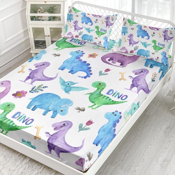 Colorful Dinosaur Fitted Sheet Set 3Pcs Kawaii Dinosaur Bed Sheets Queen Wild Animal Flower Leaf Bedding Set for Boys Girls Adult Includes 1 Fitted Sheet,2 Pillowcases - Image 2