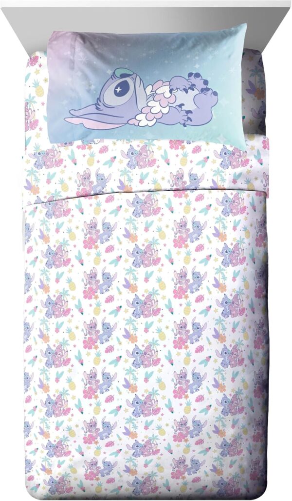 Disney Lilo and Stitch Full Size Comforter Set - 7 Piece Floral Bedding Includes Sheet Set & Pillow Covers Features Angel - Super Soft Purple & Teal Stars Kids Bedding - Image 7