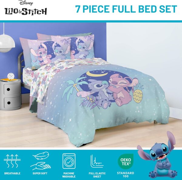 Disney Lilo and Stitch Full Size Comforter Set - 7 Piece Floral Bedding Includes Sheet Set & Pillow Covers Features Angel - Super Soft Purple & Teal Stars Kids Bedding - Image 4