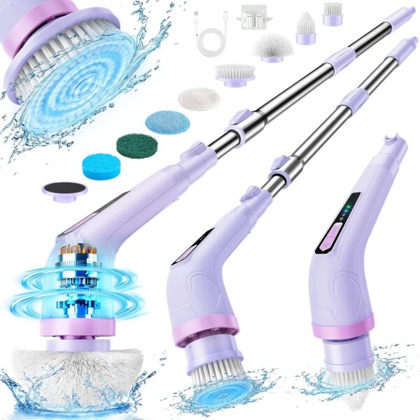 Electric Spin Scrubber, Cordless Bathroom Cleaning Brush for Home, 420PRM Shower Scrubber with 8 Replaceable Head, 3 Speeds, Adjustable Long Handle for Bathroom, Bathtub, Car, Kitchens- Purple