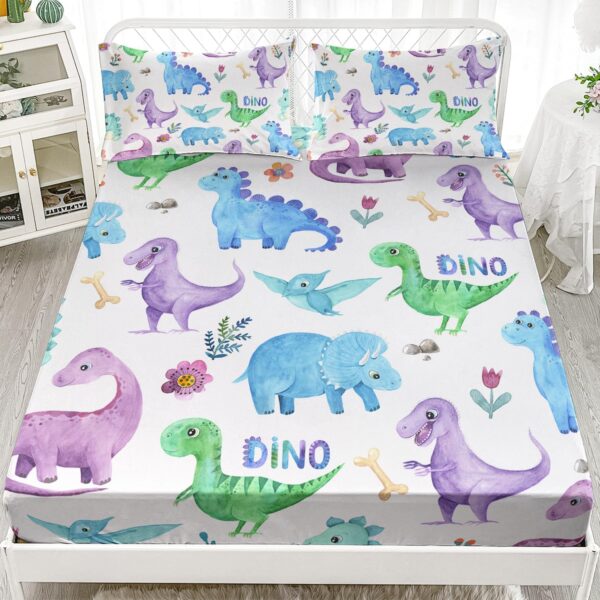 Colorful Dinosaur Fitted Sheet Set 3Pcs Kawaii Dinosaur Bed Sheets Queen Wild Animal Flower Leaf Bedding Set for Boys Girls Adult Includes 1 Fitted Sheet,2 Pillowcases