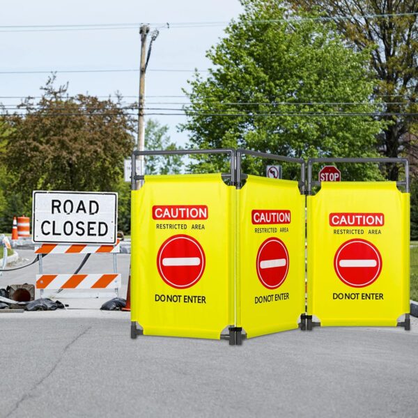 3 Panels Safety Barricade Heavy Duty PVC Frame 5.8FT Foldable Security Sign Barrier Gate High Visibility Caution Symbol Crowd Control Restricted Area Pedestrian Barricade"DO NOT Enter"(Yellow) - Image 6
