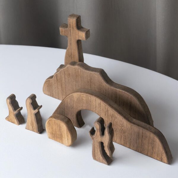 NEROSUN Empty Tomb Easter Scene and Cross Decoration, Wooden Easter Resurrection Scene Cross Jesus Tomb Tray Set, Jesus Nativity Scene Decor for Religious Home Office Tabletop - Image 2