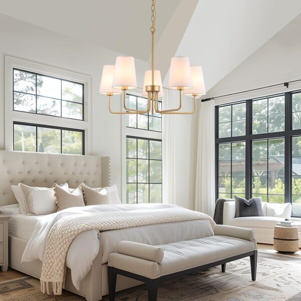 AMZASA Farmhouse Chandelier, 5-Lights Visual Comfort Gold Light, Muted Gold with White Fabric Shade, Linear Island Lighting Fixture for Kitchen, Dining Room - Image 8