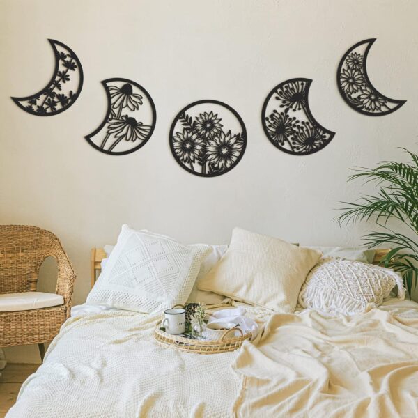 Jetec 5 Pieces Moon Phase Wall Decor Boho Hanging Moon Phase Nordic Wood Wall Art for Living Room Bedroom Home Decoration Room Apartment Bar Ornament(Black) - Image 4