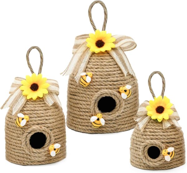 Bee Hive Decor 3 Pack Farmhouse Bee Decorations, Rustic Bee Hive Decorations, Bee Themed Home Decor, Spring Bee Home Decor for Kitchen, Living Room, and Shelves
