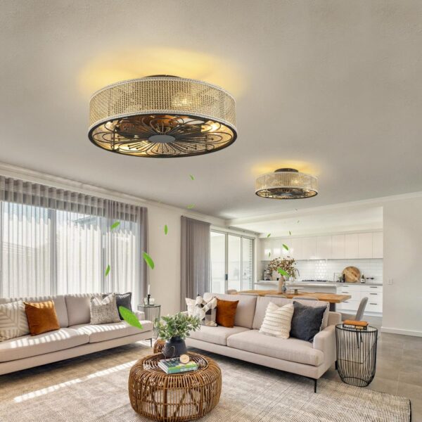 Modern Boho Rattan Flush Mount Ceiling Fans with Lights and Remote Control Low Profile Bladeless Ceiling Fan Timer and 6-Speed Reversible Motor for Bedroom, Kitchen, Dining Room Include Bulbs - Image 6