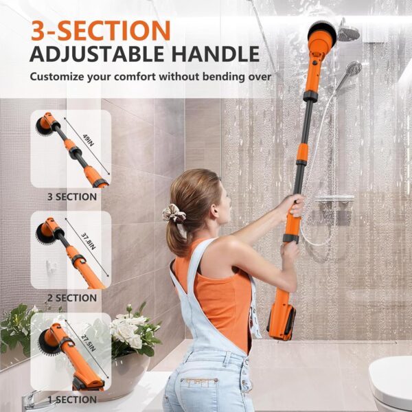 2 Battery Electric Spin Scrubber, 1000RPM Cordless Cleaning Brush Waterproof with 20V Power Supplied, Adjustable Extension Handle, 4 Replaceable Cleaning Heads, Hook, Gloves - for Tub/Tile/Wall/Floor - Image 5