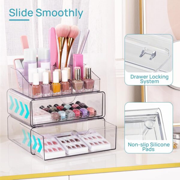 Vtopmart 3 Tier Clear Makeup Organizer with Drawer, Cosmetic Storage for Dresser Countertop and Bathroom Vanity, Beauty Holder for Lipstick Brush Skincare - Image 4