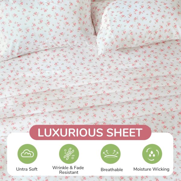 MUXHOMO King Size 4 Piece Sheet Set, Soft Breathable Bed Sheet Set for Bedroom with Deep Pocket Up to 16", Wrinkle-Free & Cooling Bedding for Oeko-TEX Certified - Blossoms Pink - Image 3
