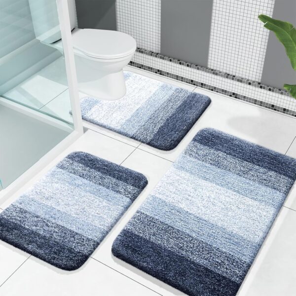 OLANLY Bathroom Rugs Sets 3 Piece, Soft Absorbent Microfiber Bath Mats and U-Shaped Contour Toilet Rug, Non-Slip, Home Decor Accessories, Plush Shaggy Bath Mat Set for Bathroom, Dark Blue