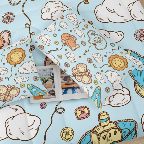 Blue Butterfly Cartoon Pattern Comforter Set Twin for Girls，Sun Clouds Floral Twin Bedding Set，Kawaii Quilt Set，Kids Bedroom Decor Girl/Boy Shared Room Comforter Set - Image 4