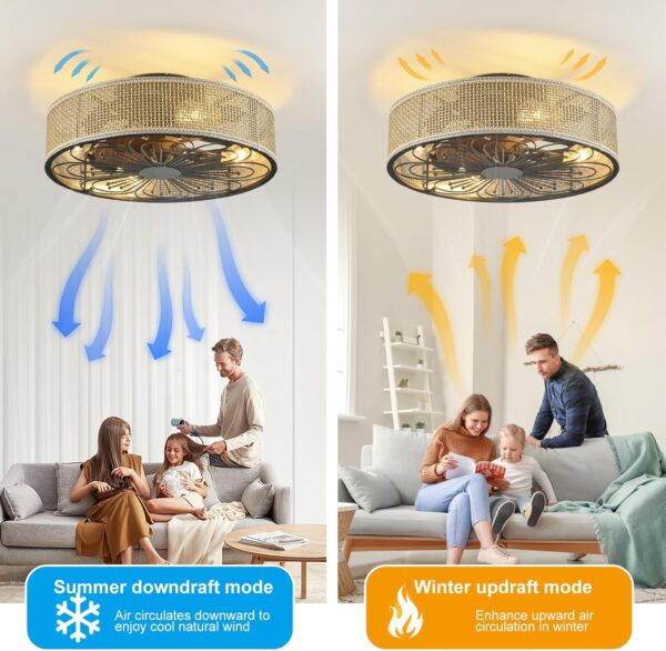 Modern Boho Rattan Flush Mount Ceiling Fans with Lights and Remote Control Low Profile Bladeless Ceiling Fan Timer and 6-Speed Reversible Motor for Bedroom, Kitchen, Dining Room Include Bulbs - Image 7