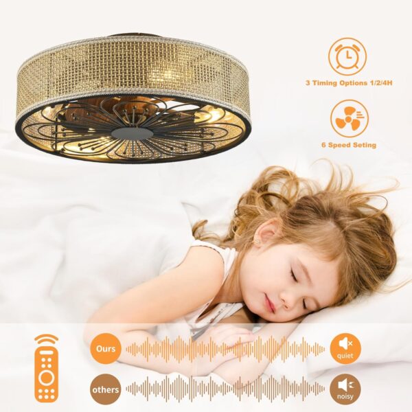 Modern Boho Rattan Flush Mount Ceiling Fans with Lights and Remote Control Low Profile Bladeless Ceiling Fan Timer and 6-Speed Reversible Motor for Bedroom, Kitchen, Dining Room Include Bulbs - Image 4
