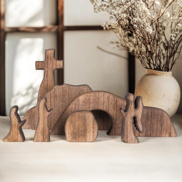 NEROSUN Empty Tomb Easter Scene and Cross Decoration, Wooden Easter Resurrection Scene Cross Jesus Tomb Tray Set, Jesus Nativity Scene Decor for Religious Home Office Tabletop