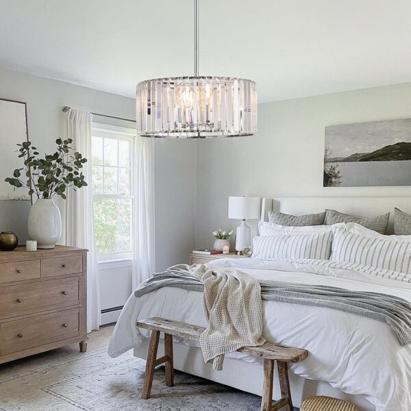16.5" Chrome Crystal Chandeliers 4-Light Modern Drum Chandelier Flush Mount Round Ceiling Hanging Pendant Light Fixture for Kitchen Island Dining Room Foyer - Image 8