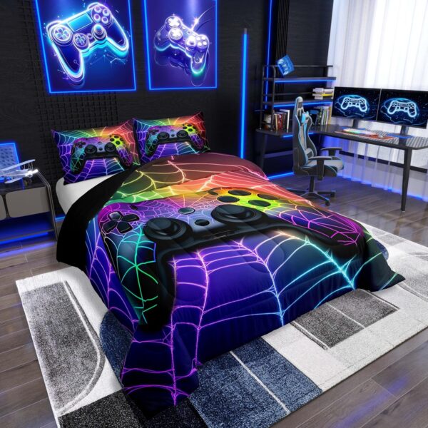 Gamer Comforter Sets Rainbow Spider Web Twin Comforter Set, Gaming Decor for Boys Bedroom Decor - Image 2