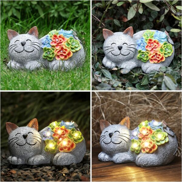 Otdair Solar Garden Decor Cat, Cat Lover Gifts with Succulent and 7 LED Lights for Outside,Outdoor Solar Lights for Yard, Garden and Patio, Unique Gift for Women - Image 7