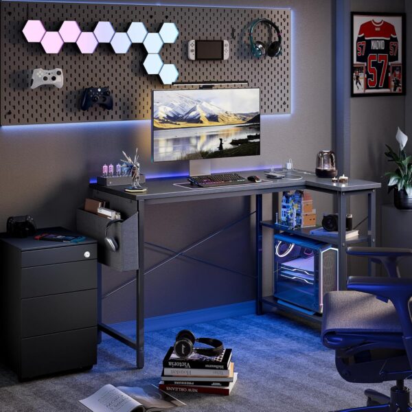 TIQLAB Small Computer Desk with Power Outlets, 40 Inch L Shaped Desk with Reversible Shelves, Gaming Desk Corner Desk Study Writing Table for Home Office Bedroom Living Room, Black - Image 5