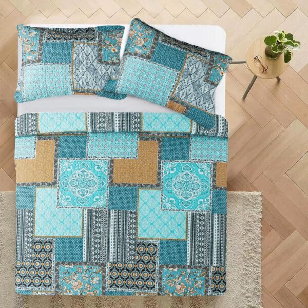 VAPUTAR Oversized King Size Quilt Bedding Set - Cotton California King Size Bedspreads (108 * 118 in) - Lightweight Floral Quilts for Farmhouse Bedroom (Teal/Green Chic, 3 Pieces) - Image 3