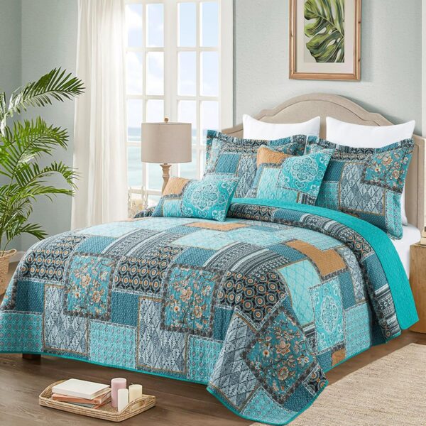 VAPUTAR Oversized King Size Quilt Bedding Set - Cotton California King Size Bedspreads (108 * 118 in) - Lightweight Floral Quilts for Farmhouse Bedroom (Teal/Green Chic, 3 Pieces) - Image 2