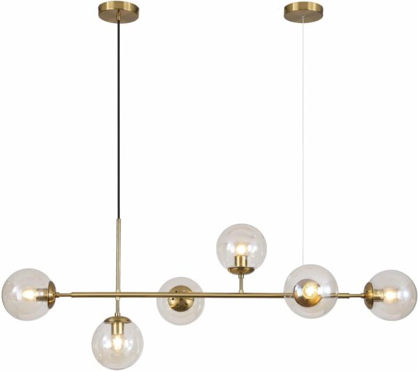 KCO Lighting Globe Linear Chandelier 6 Light Amber Glass Pendant Light Fixture Gold Kitchen Island Chandelier Lighting Long Brass Sputnik Chandelier Dining Room Ceiling Lights