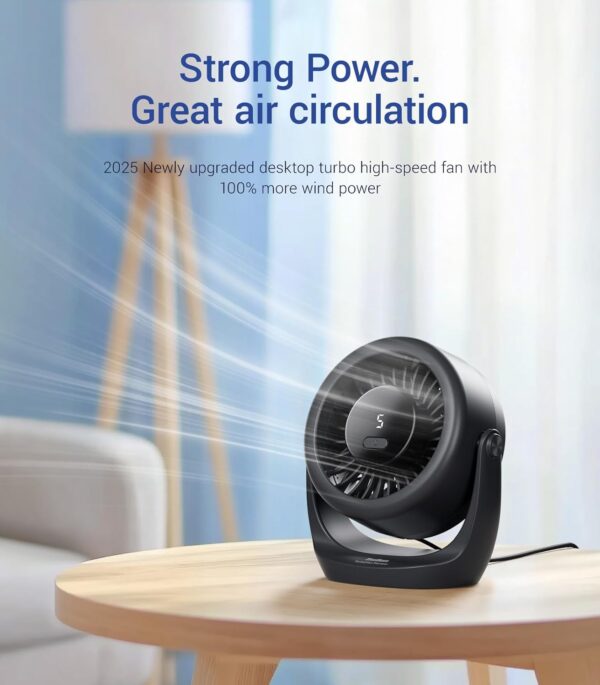 USB Desk Turbo Fan, Ultra-Quiet Mini Desk Fan, Powerful Wind, LED Display, 5 Speed, 360° Rotating Small Portable Fan for Home, Office and Outdoor Cool Tech Gadgets - TurboBreeze - Image 2