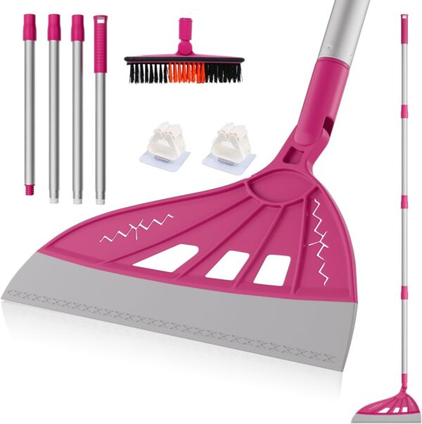 Magic Air Broom Household Silicone Broom for Floor Cleaning, Multifunctional Floor Squeegee with 60’’ Aluminum Adjustable Handle, Pet Hair for Glass, Fine Dust, Hair, Liquids (Pink)