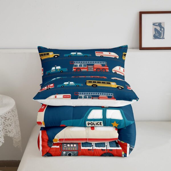 Feelyou Fire Truck Blue Comforter Set,Police Car Down Comforter Queen Size,School Bus Bedding Set for Kids Boys Teens Youth,Equipped Truck Cartoon Vehicle Quilt Duvet Insert Bedroom Dorm Decor 3 Pcs - Image 5